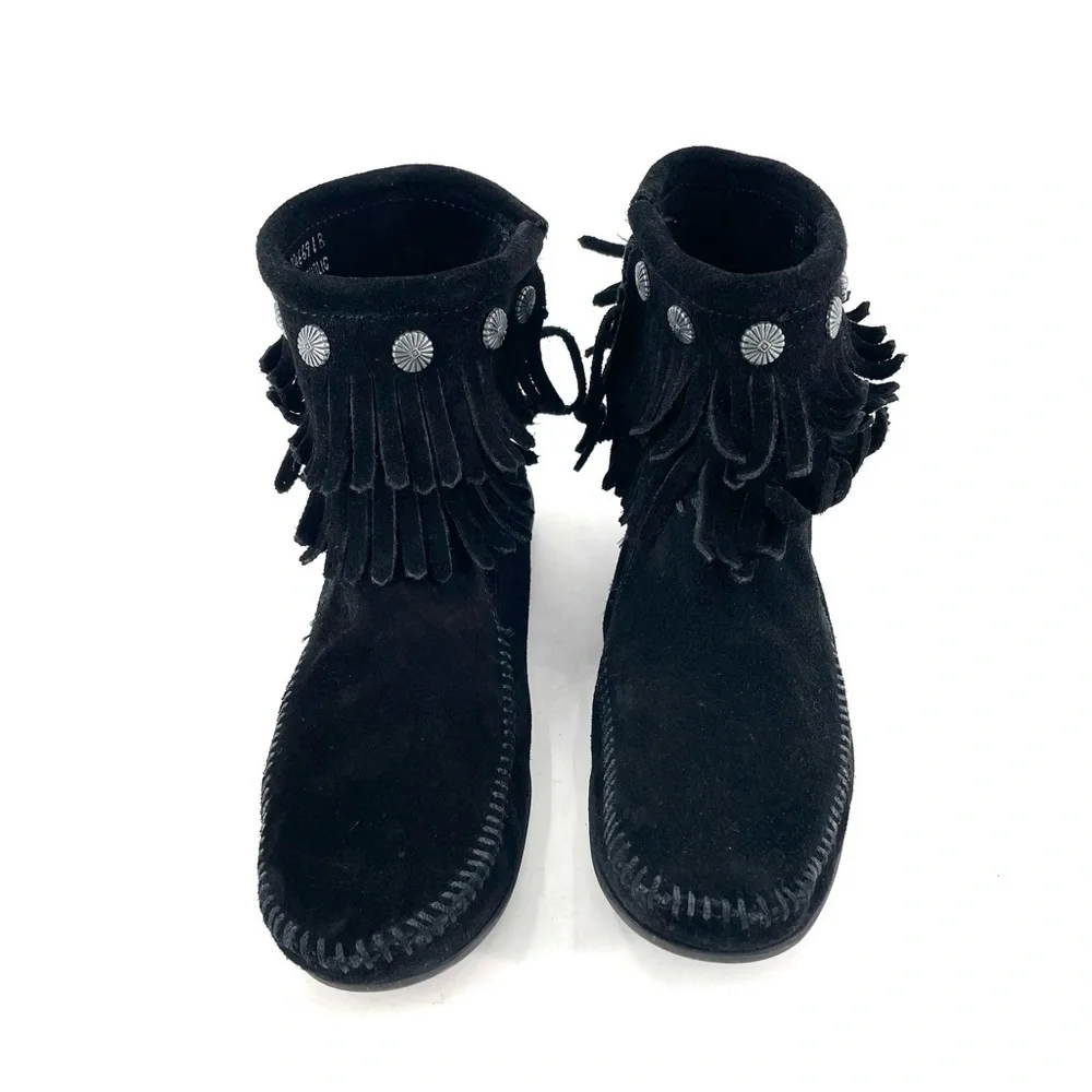 Minnetonka Black Suede Double Fringe Side Zip Ankle Bootie